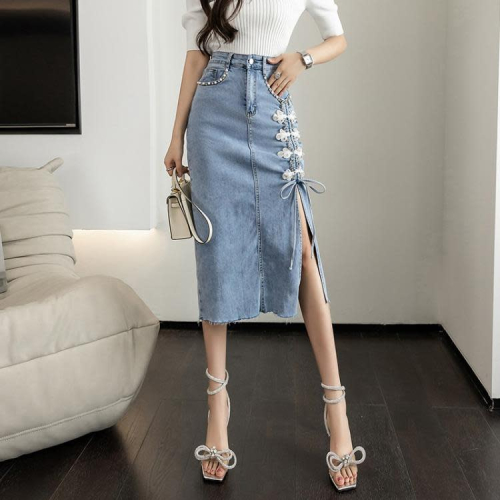 DearGod正韓女裝高腰牛仔半身裙女夏2022新款顯瘦設計感小眾中長款開叉裙子洋裝小個子