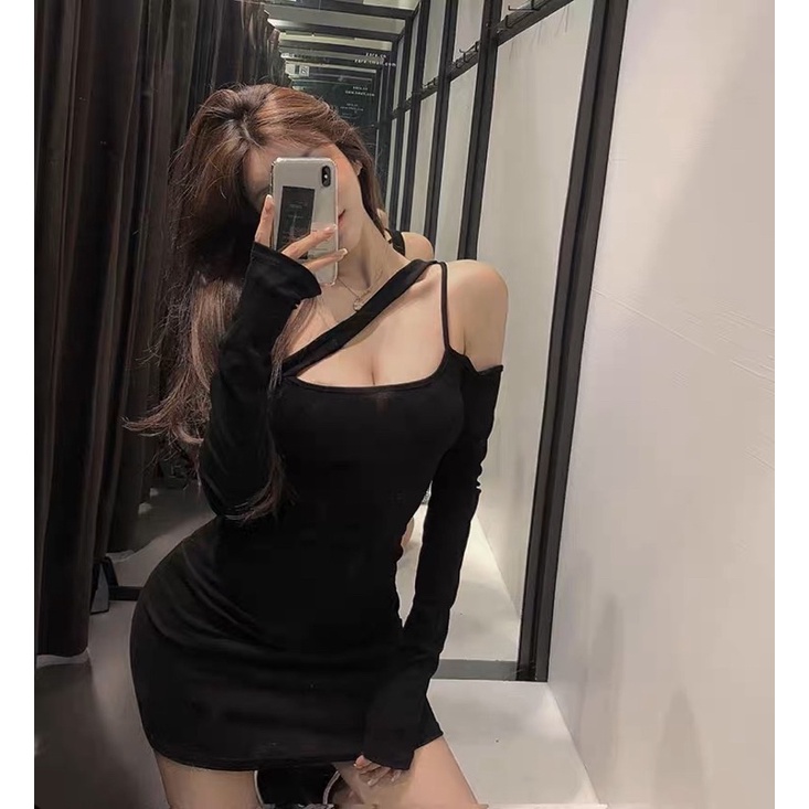 ❤️現貨在台，黑 性感 女神 夜店 露鎖骨 吊帶 連衣裙 緊身 收腰 包臀 長袖 打底裙 洋裝