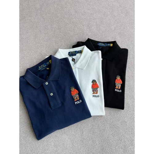 RL polo 小熊標polo衫 T恤 上衣，修身經典百搭夏季新品撞色小熊刺繡珠地棉Polo短袖 長絨棉雙紗織造的珠地網