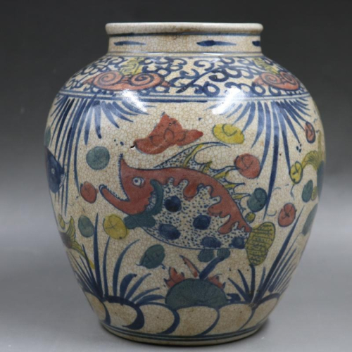 明早期青花釉裏紅魚澡紋壇罐家居用品收藏擺件仿古瓷器古董古玩