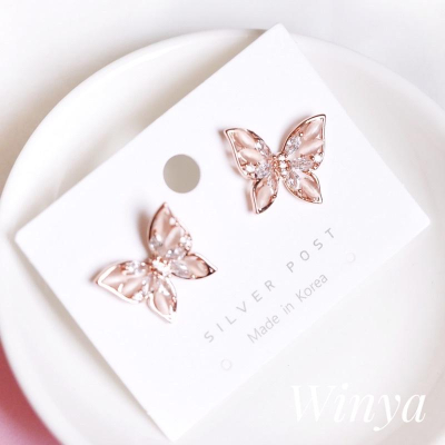 【winya 韓國飾品 現貨 】正韓 水晶 蝴蝶 耳環 耳夾 矽膠耳夾 耳針