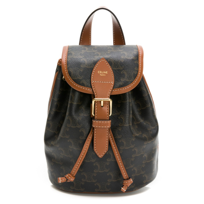 【CELINE 思琳】CELINE TRIOMPHE帆布及小牛皮迷你FOLCO背包 (黃褐色) __DVSHOP 保證