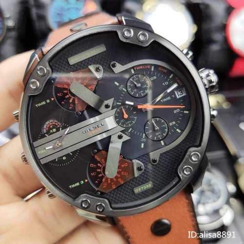 迪賽DIESEL手錶 歐美潮流男生手錶商務通勤休閒石英錶 57mm超大直徑計時手錶 多功能日曆棕色皮帶錶DZ7332