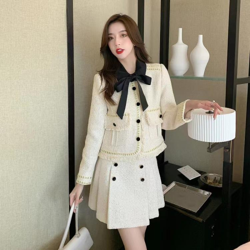 DearGod正韓女裝小香風拼接蝴蝶結流蘇粗花呢短外套高腰雙排扣百褶半身裙套裝女秋