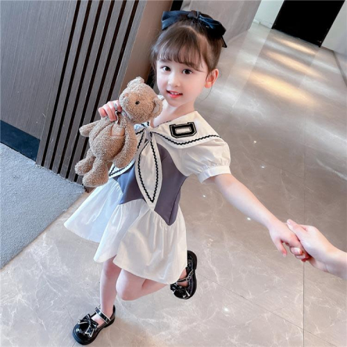 寶貝童裝女童夏裝連身裙女寶寶夏季正韓洋氣時髦海軍風蝴蝶結兒童裙子洋裝夏款