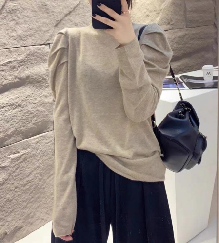 DearGod正韓女裝歐洲站2022秋冬歐貨立領法式泡泡袖寬松純色細羊毛針織打底衫上衣