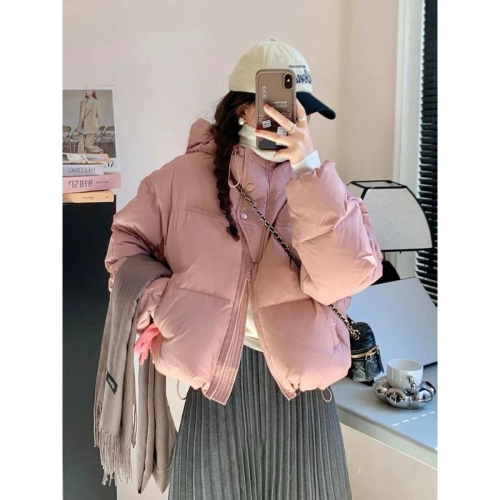 ［全新］粉色連帽羽絨外套 冬季新款短款麵包服 寬鬆可愛 m號