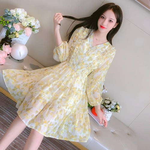 DearGod正韓女裝過膝減齡高端洋氣2022新款春秋可甜法式碎花長袖v領收腰裙連身裙