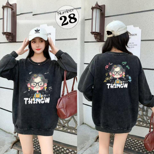 Number28 - 女孩印花水洗黑大學T 286315