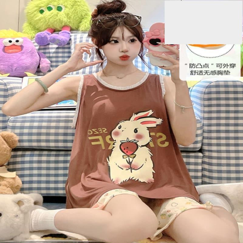 莫代爾睡衣女款2025新款夏季帶胸墊無袖背心短褲甜美可愛卡通套裝