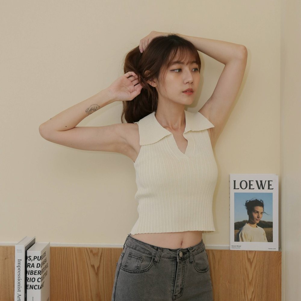 【Our Studio】夏日歐美小性感翻領無袖背心 杏色 黑色(現貨)