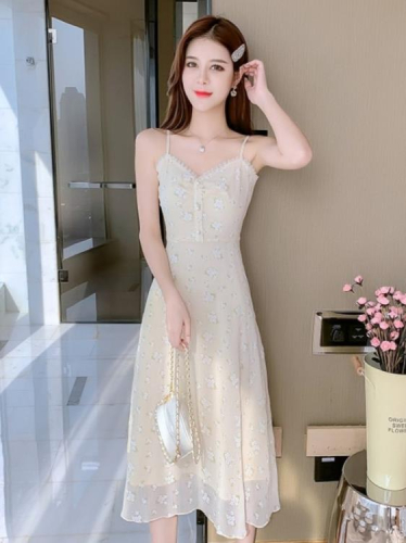 DearGod正韓女裝2022夏季新款法式氣質雪紡白色吊帶裙女中長款裙子洋裝收腰仙女連身裙