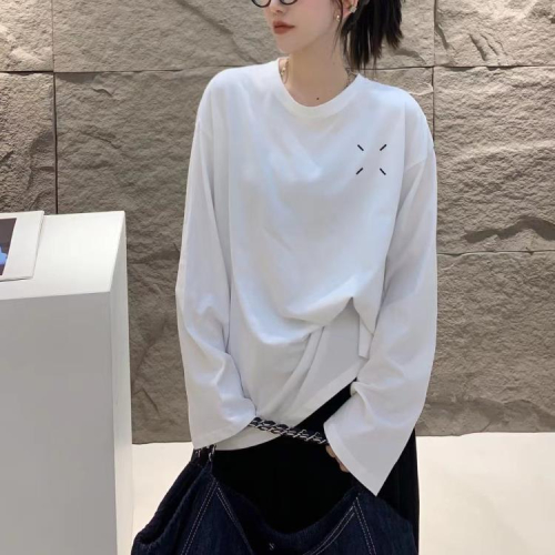 DearGod正韓女裝歐洲站2022秋冬圓領胸口明線設計長袖寬松后背貼標打底白T恤女潮
