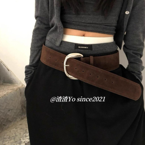 ??????｜小眾復古y2k辣妹麂皮磨砂寬邊腰帶銀扣腰封搭配疊戴寬版女
