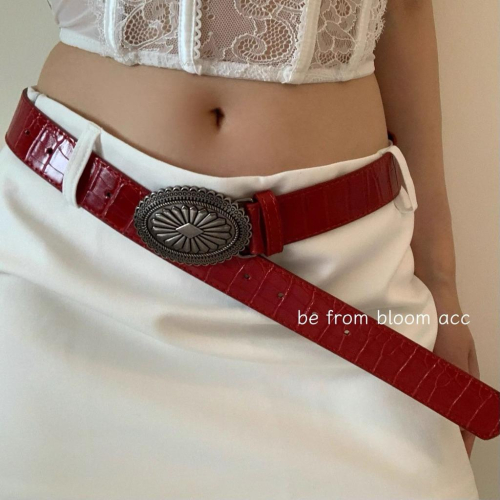 ??????｜美式流行紅色辣妹皮革腰帶女簡約個性圓扣個性皮帶簡約百搭配飾帶