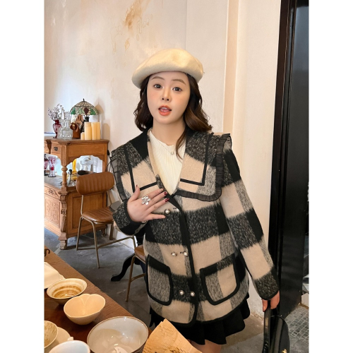 ［全新］韓系風格可愛顯瘦 荷葉滾邊海軍領格紋毛呢加厚 羽絨內裏 雙排扣短大衣 羽絨外套 free size