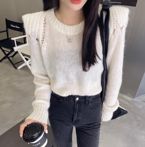 DearGod正韓女裝網紅同款鏤空直角肩寬松長袖毛衣女短款百搭針織衫毛衣上衣秋洋氣