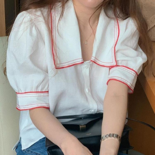 DearGod正韓女裝法式海軍風翻領泡泡袖上衣女2022夏季復古香港休閒百搭寬松t恤