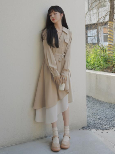 DearGod正韓女裝初秋新款拼接假兩件長袖連身裙女春秋卡其色減齡顯瘦氣質獨特長裙