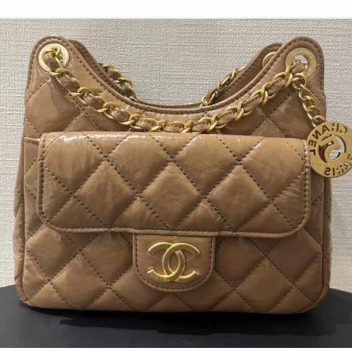 台灣專櫃 最新款 CHANEL 香奈兒 淺金咖 小號 Hobo bag 卡其色 流浪包 小包 七夕 情人節 禮物 大地色