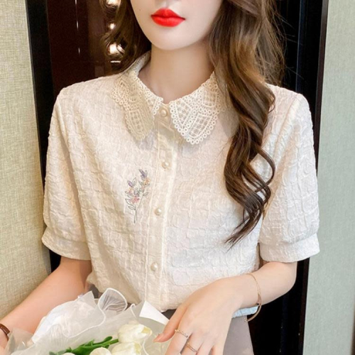 DearGod正韓女裝2022夏季新款洋氣小衫蕾絲刺繡娃娃領領上衣設計感百搭短袖襯衫女