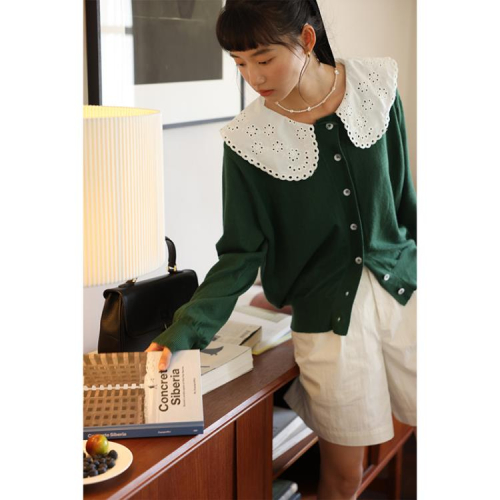 DearGod正韓女裝敘舊oldtimes60棉10羊毛法式復古可拆卸領針織開衫【寫意畫W5083