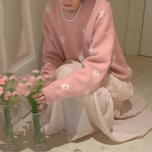 DearGod正韓女裝甜心少女 軟軟糯糯花朵釘珠寬松慵懶毛衣長袖針織衫