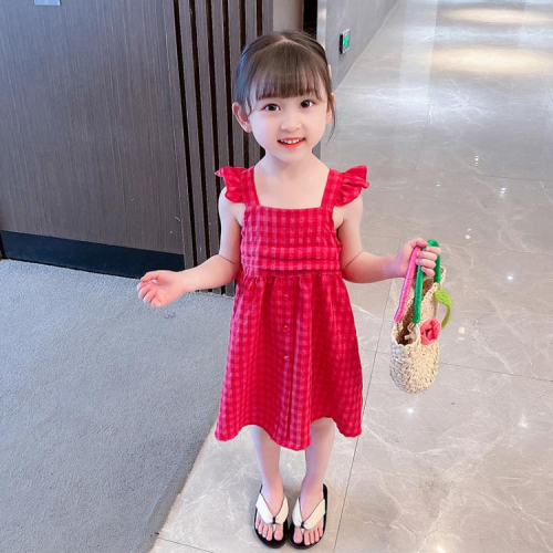 寶貝童裝女童夏裝連身裙夏季正韓女寶寶洋氣時髦飛袖格子吊帶裙兒童裙子洋裝夏