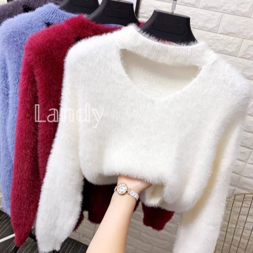 ღ ????? ღ ｛預購｝#186 水貂毛毛衣 半高領加厚毛衣 女秋冬鏤空掛脖子毛絨絨打底上衣