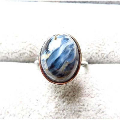 珍藏特色拉絲藍紋貓眼藍彼得石戒指天然納米比亞AAA級活圍內徑可調14*9mm水晶珠寶玉石寶石首飾飾品專櫃精品