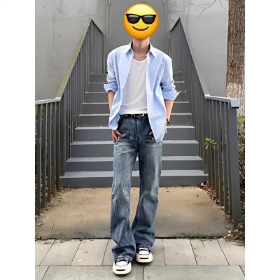 張凌赫同款閃電紋牛仔褲男微喇春季cleanfit穿搭美式顯瘦直筒褲子