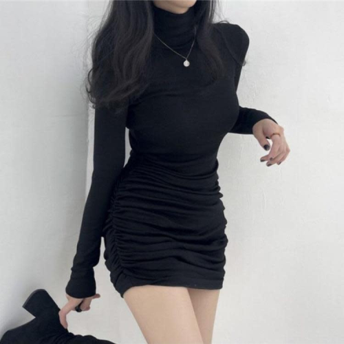 DearGod正韓女裝2022秋裝新款緊身短裙顯瘦身材純欲性感內搭包臀打底高領連身裙女
